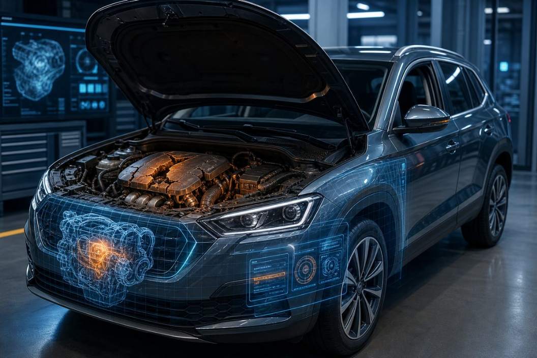 Kaputter Motor mit digitalem Fahrzeugscan und Motorschaden-Diagnose