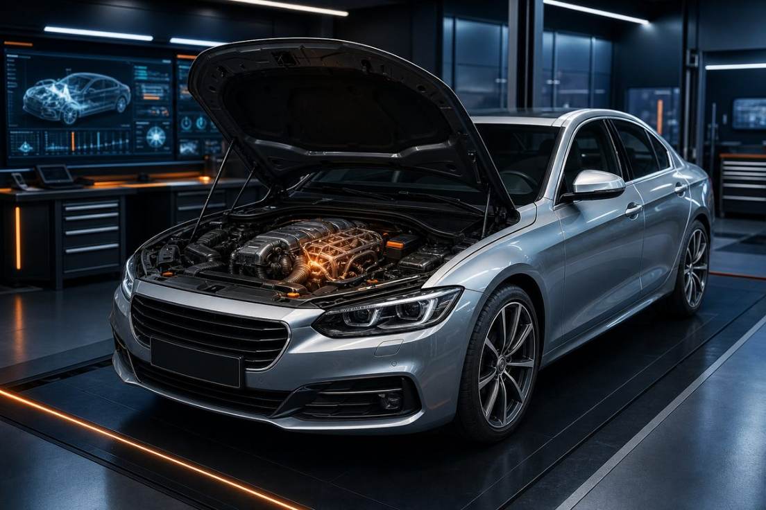 Auto mit offener Motorhaube und Motorschaden in einer Diagnosewerkstatt